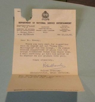 1945 Wwii Roland Crossley Signed Autographed Letter British Army Drama Division