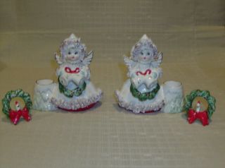 (2) Vintage Japan Christmas Angels With Spaghetti Trim Candle Holders