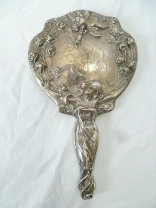 Vintage Sterling Silver Hand Mirror Art Noveau Cupid & Woman