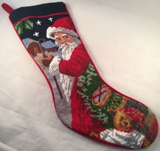 Needlepoint Christmas Stocking Santa Claus Wool Red Blue (name Removed)