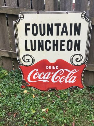 Large Vintage Coca Cola Fountain Luncheon Double Sided Porcelain Sign
