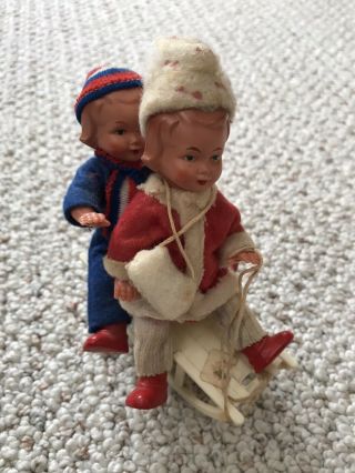 Vintage Made In Germany Wind - Up Children On Sled ? Schuco