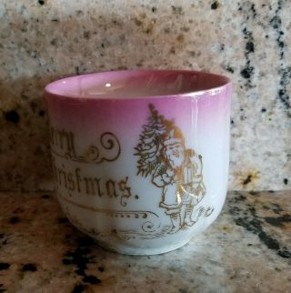 Vintage Antique Victorian Merry Christmas Santa 1890s Pink Gold White Childs Mug