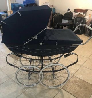 Vintage Blue Silver Cross Baby Carriage,  Balmoral Pram Navy Carriage
