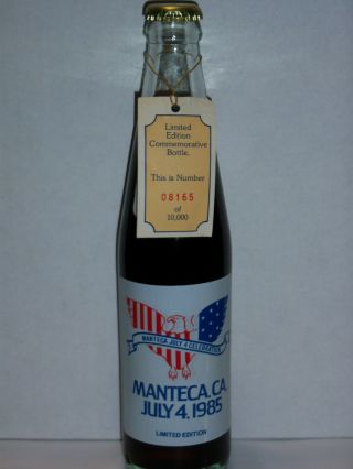 10 Oz Coca Cola Commemorative Bottle - 1985 Manteca California 1st Annual July 4
