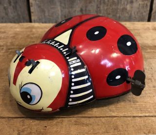 Vintage 50s Frankonia Toy Haji Made In Japan Tin Litho Wind Up Lady Bug