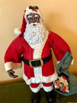 Vintage Black African American Santa Clause Figurine Or Doll With Toy Bag 2