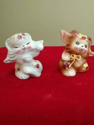 Vintage Japan Hand Pointed Flower Decorated Dog Salt And Pepper Shakers