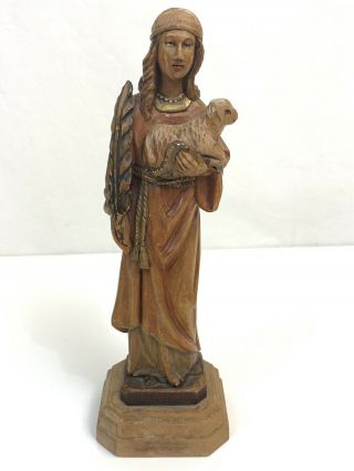 Vintage Anri Wood Carving Sculpture Of Patron Saint St Agnes Made In Italy