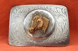 Vintage Sterling Silver Front Old Style Irvine Jachens Western Horse Belt Buckle