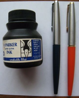 Two Parker 45 Fountain Pens Blue And Orange Plus 1 Bottle Parker Washable Blue