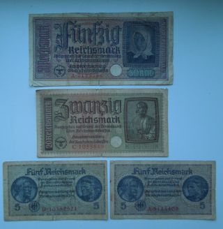 Germany 5,  20,  50 Reichsmark Ww2 1940 - 45 (4 Banknoten),