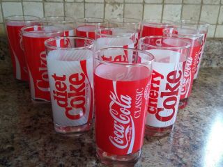 Set Of 12 Vintage Coca Cola,  Cherry,  And Diet Coke Glasses Very Good
