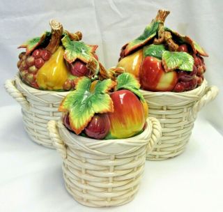 Fitz And Floyd Classic Country Gourmet 3 Piece Canister Set - Basket Weave Fruit