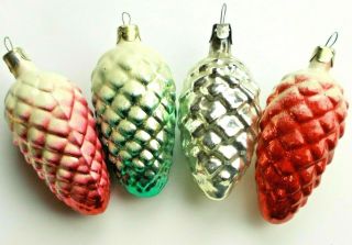 4 Vintage Russian Ussr Silver Glass Christmas Tree Ornaments Decoration Pinecone