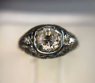 Vintage 14k White Gold Round Brilliant Diamond Filigree Engagement Ring 3/4 Ct