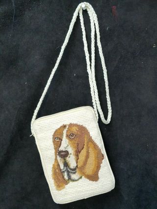 Vintage Basset Hound Dog Needlepoint Petit Point Purse Velveteen Back