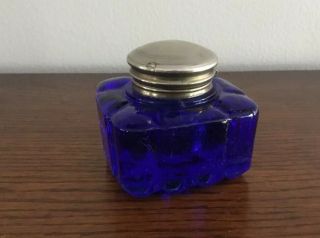 Heavy Cobalt Blue Glass Ink Well,  Square Design,  Silver Hinge Lid,  India,  2 3/4”