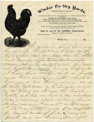 1891 Letter On Letterhead Winder Poultry Yards Henrico Co Va J & E Cooper