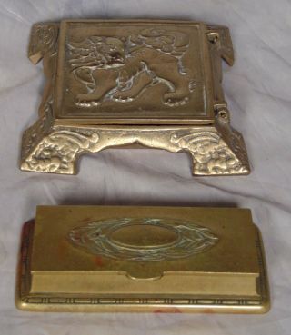 2 Lidded Brass Desk Stamp Holder Boxes Bradley & Hubbard Dragon Foo Dog Lion