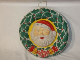 Vintage Christmas Noma Flat Back Plastic Blow Mold Santa In Holly Wreath 12 - 1/2 "