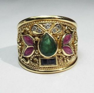 Vintage Yellow Gold Etruscan Diamond Emerald Ruby Sapphire Ring 18k Size 8 9.  8g