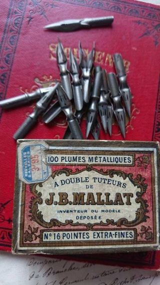 Box Antique French J.  B.  Mallat Pen Nibs 19th C Plumes