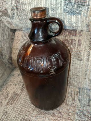Vintage Glass Clorox Bottle Embossed Amber Brown With Lid,  Gallon Jug 64 Oz