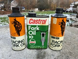 Vintage Castrol 10 & Lubri Tech Racing Fork Oil Tin Litho Cans