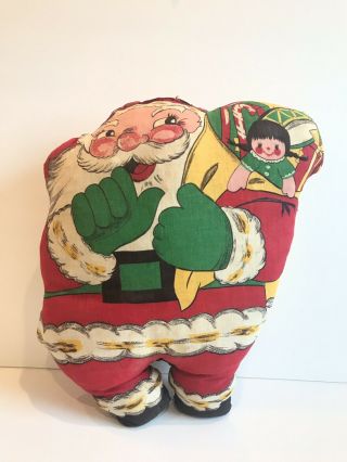 Vintage Stuffed Santa Claus Pillow From Fabric Panel Santa With Bag Of Toys