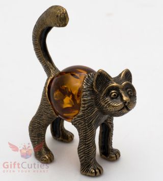 Solid Brass Amber Figurine Of Cat With The Tail Ironwork