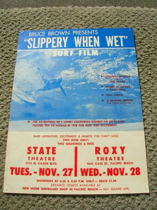 Vintage Surfing Surf Movie Poster Surfboard Bruce Brown Slippery When Wet 1960s