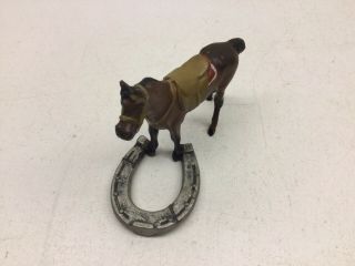 Vintage Painted Lead Toy Horse Figure Standing On Winners Circle Horseshoe