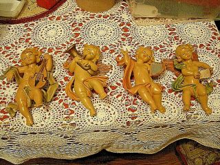 4 Vintage Hard Plastic Cherubs/angels W/ Instruments Wall Decor/ornaments Italy