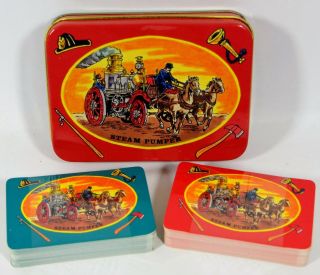 Steam Pumper Fire Engine Truck Double Deck 1993 Vintage Playing Cards Tin