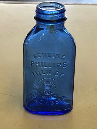 Vintage Advertising Phillips Milk Of Magnesia Embossed Blue Glass Bottle 2