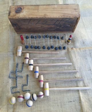 Early Table Croquet Set In Wooden Box