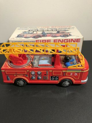 Vintage Japan Modern Toys Fire Truck Tin Litho Ladder Look