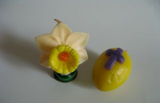 Two Vintage Easter Themed Candles - Daffodil,  Gurley Novelty,  Easter Egg Cross