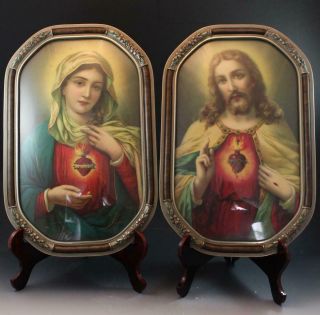 Pr 1940s Lithograph Prints Immaculate Heart Of Mary & Sacred Heart Of Jesus