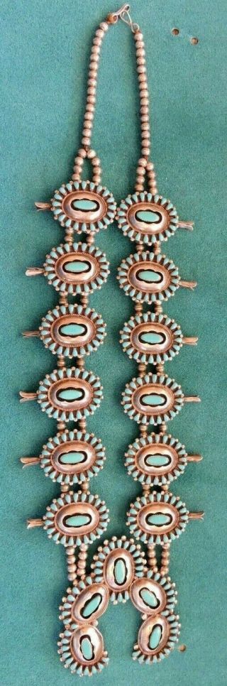 Vintage Native American Squash Blossom Necklace W/shadow Box Turq Inlay - Malie