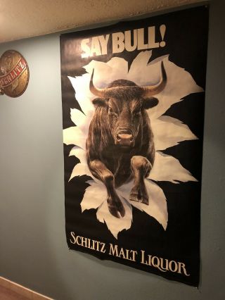 Vintage 1980’s Schlitz Beer Malt Liquor Bull Poster Sign Man Cave Large 4’ X 5’