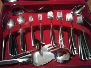 VINTAGE 50 PC SILVERWARE SET STAINLESS AND WOOD JAPAN IN WOOD BOX 