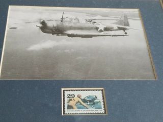 Wwii Battle Of Coral Sea 1942 Framed Photo Of Dauntless & Collectors Stamp