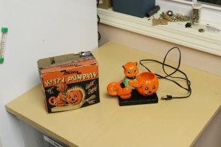 Vintage Light Up Halloween Decoration - Hard Plastic Miller Kitty Pumpkin W/box