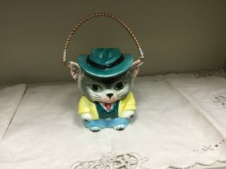 Vtg Lefton Japan Boy Cat Cookie Jar Kitty Biscuit Jar W/ Wood Wrap Handle 1950 