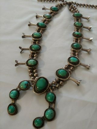 Vintage Native American Turquoise And Sterling Silver Squash Blossom Necklace