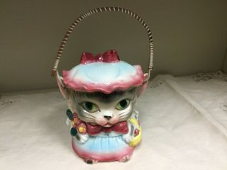 Vtg Lefton Japan Girl Cat Cookie Jar Kitty Biscuit Jar W/wood Wrap Handle 1950 