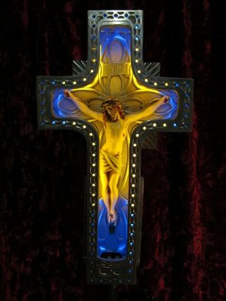 Vintage Funeral Standing Neon Crucifix Ornate Lighted Electric Casket Cross 2