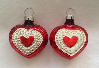 2 Vtg Feather Tree Glass Xmas Ornaments Red Heart Valentine 